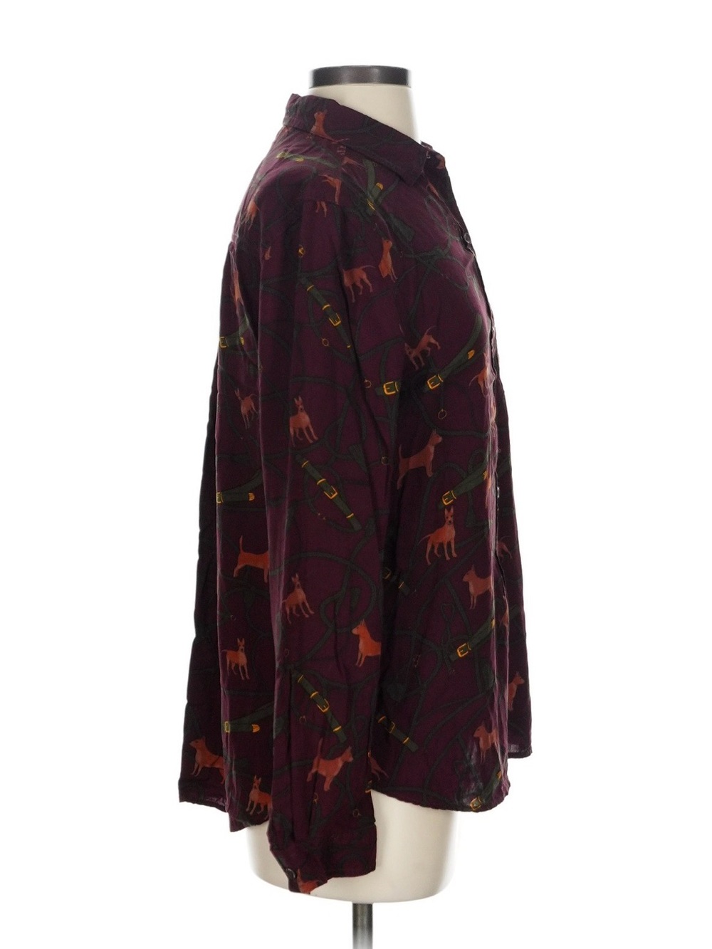 Sz S Vintage English Country Style Burgundy Printed Button-Up Shirt, Corgis - Picture 3 of 3